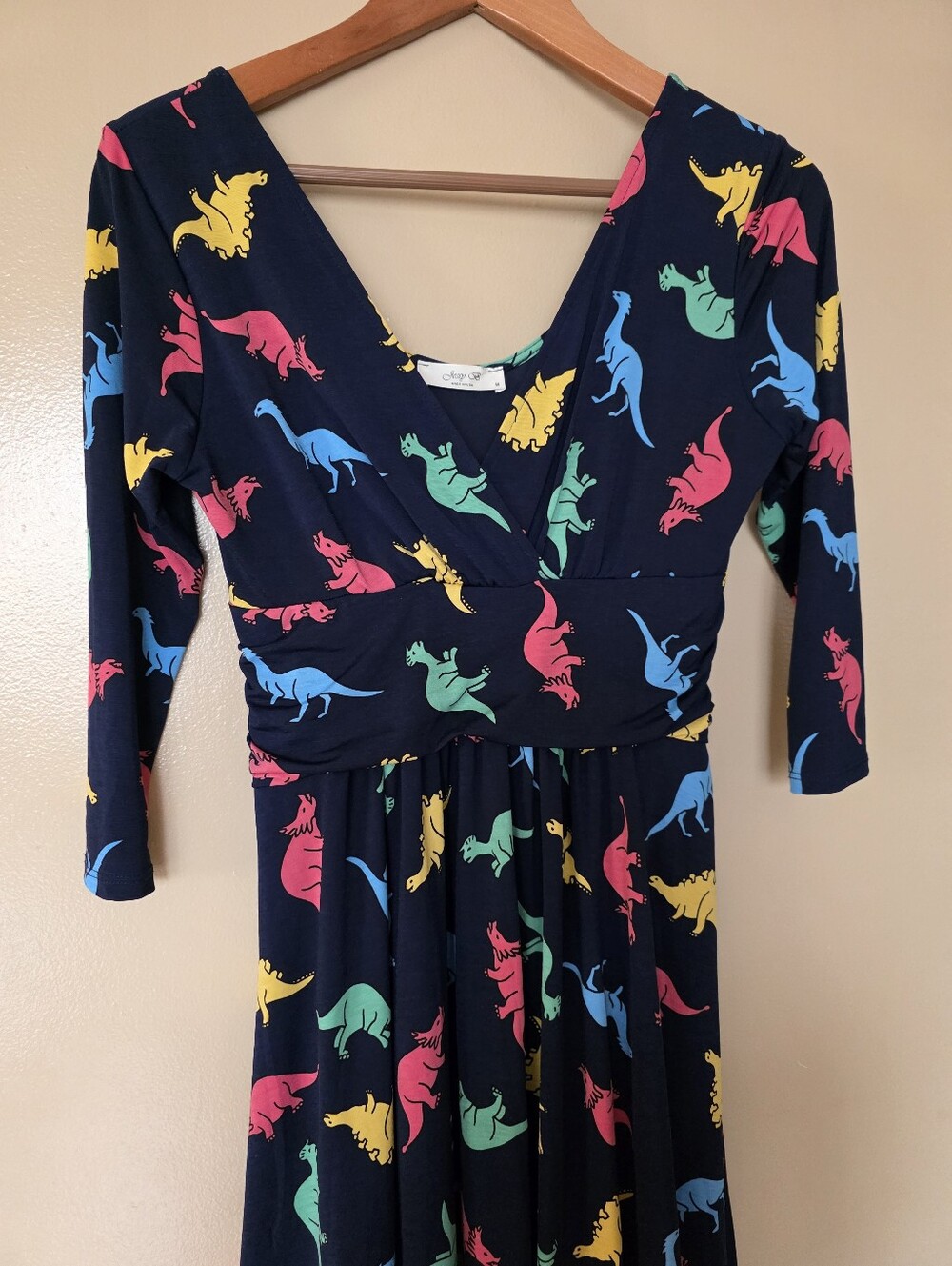 ModCloth Jessy B Dinosaur Print Novelty Empire Waist Dress M Faux Wrap Whimsical - Picture 3 of 12